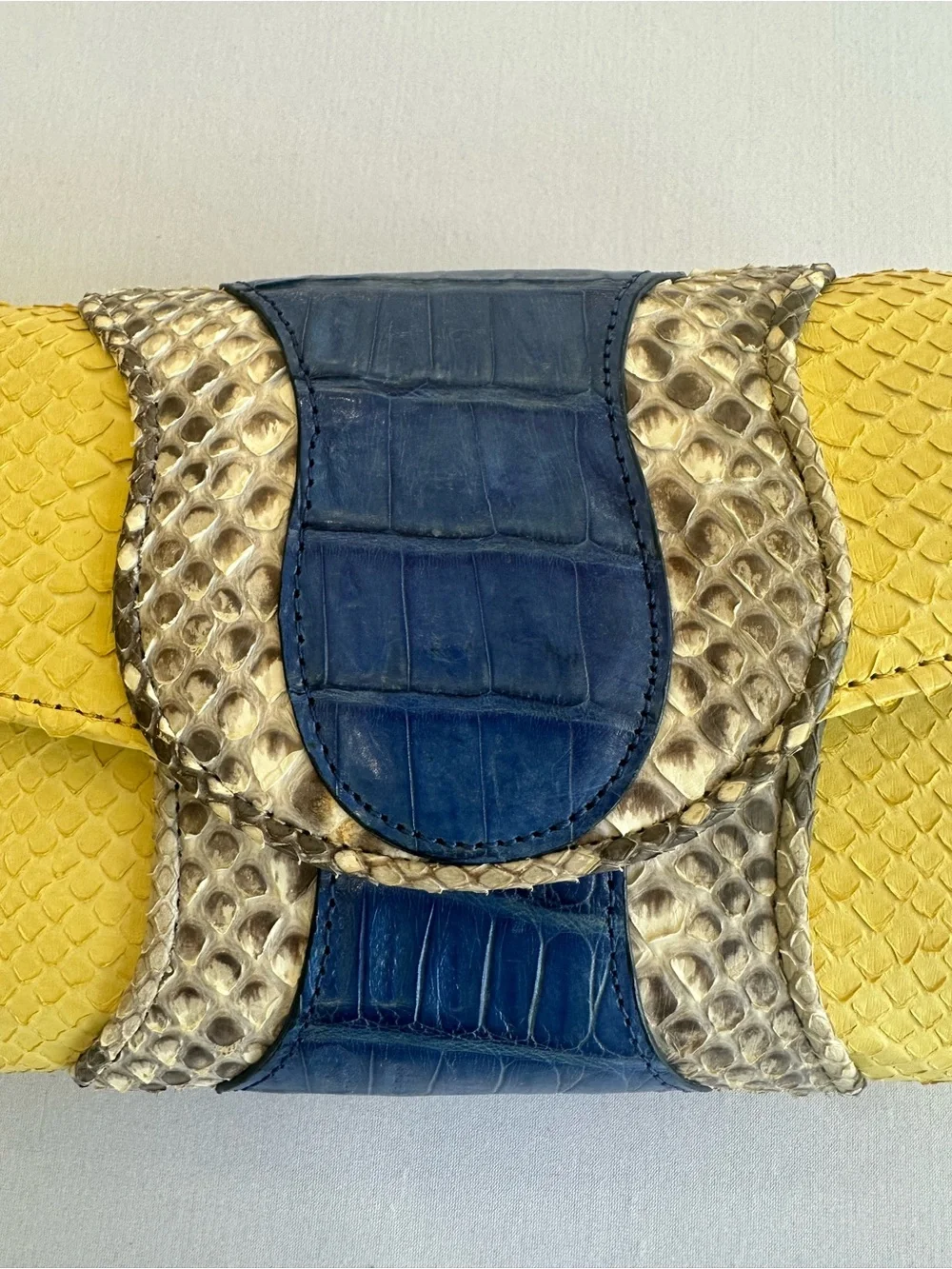 Khirma Eliazov Yellow & Blue Python, Crocodile  Clutch w/detachable metal strap